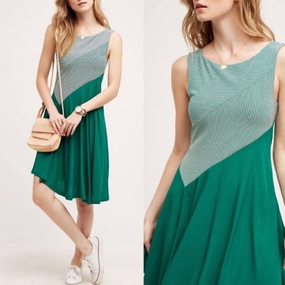 Anthropologie Meave Cameron Dress Green White Sleeveless XS